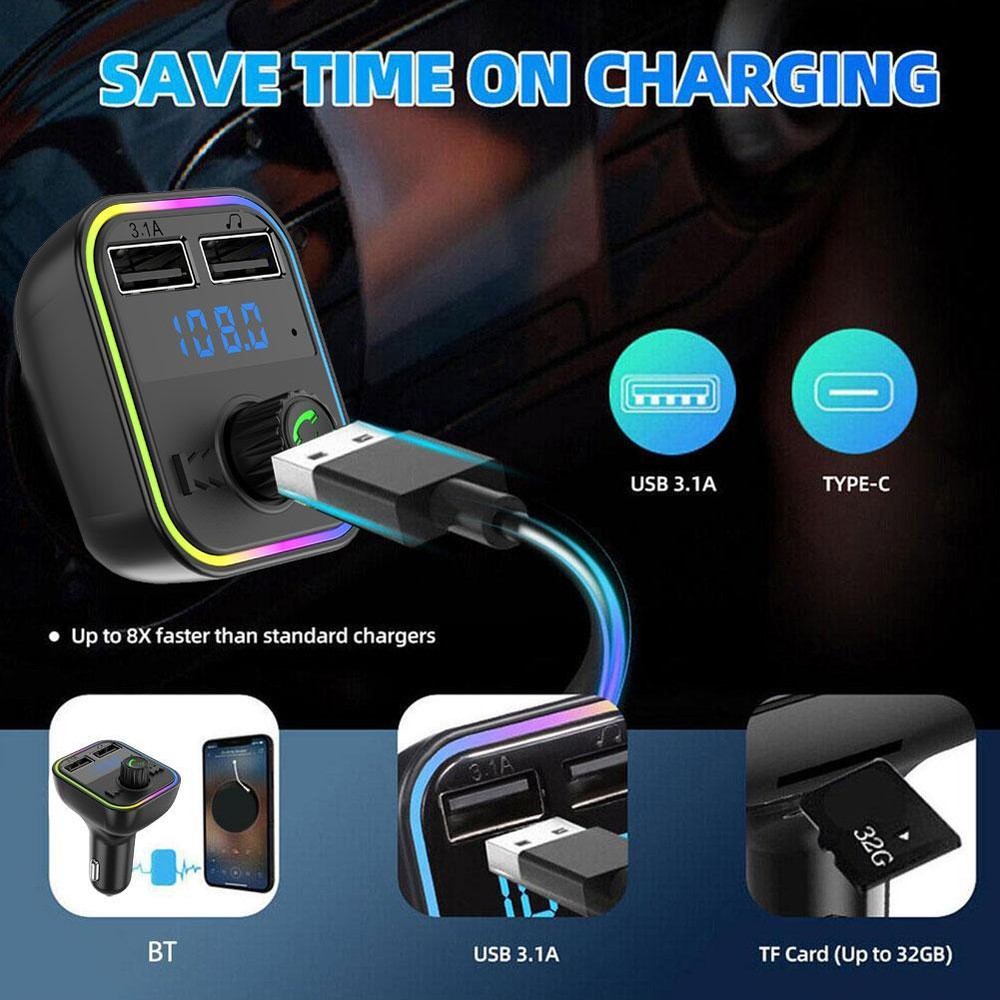 Car Wireless Bluetooth FM Transmitter MP3,USB,TYPE C,PD Charger Adapter New D8L5