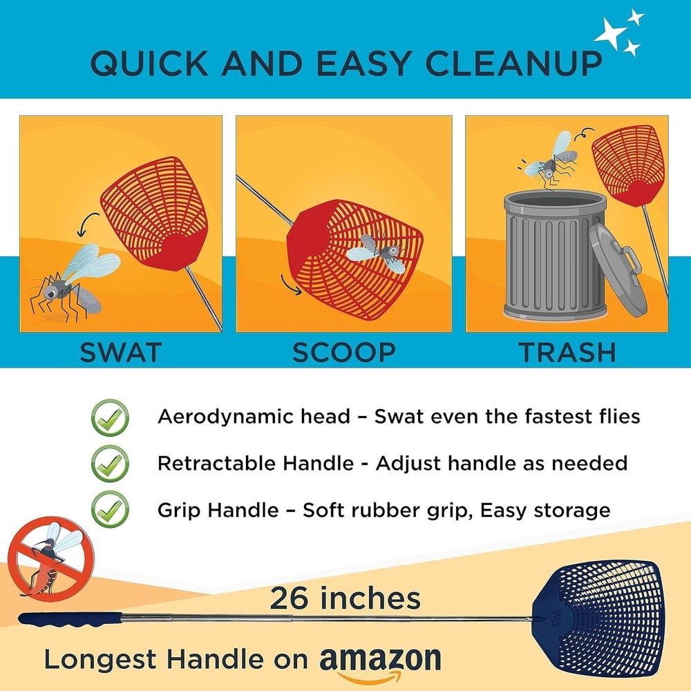 Bug & Fly Swatter – Retractable Extra Long Extendable Handle 6 Pack Fly Swatt...