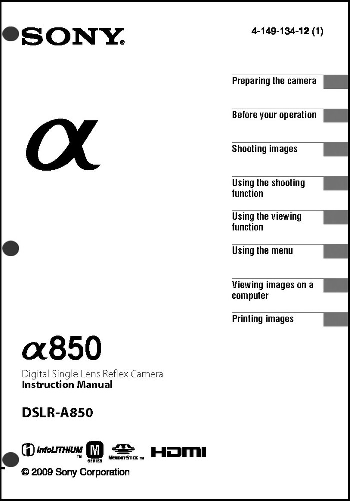 Sony DSLR Alpha A850  Digital Camera User Guide Instruction  Manual