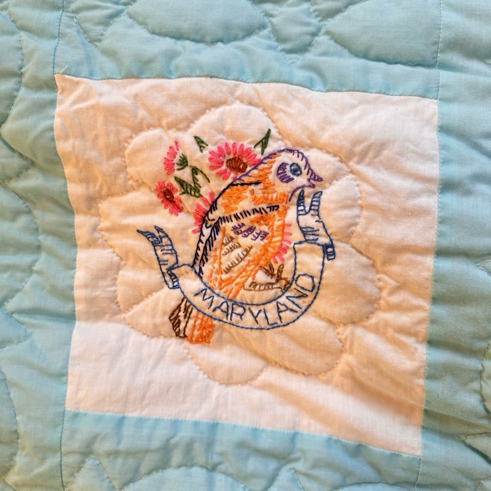 Vintage Handmade State Bird Quilt Blue White Embroidered Patchwork