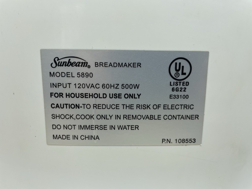 Sunbeam Bread Maker Machine Model # 5890 Makes 1-1.5 Lbs (Tested & Works) VGC