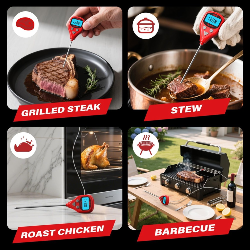 Digital Meat Thermometer set Rechargeable with External Probe Red