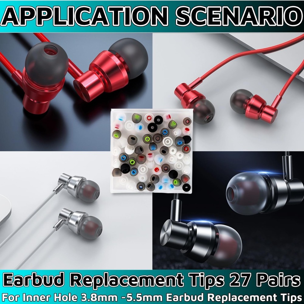 54Pcs Earbud Replacement Tips，Ear Bud Rubber Tips Silicone Earbud Tips Ea