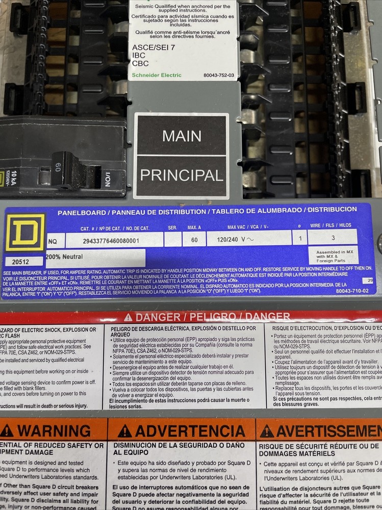 Square D NQ 60A Panelboard Interior, , 1 Phase, 120/240 18C MCB