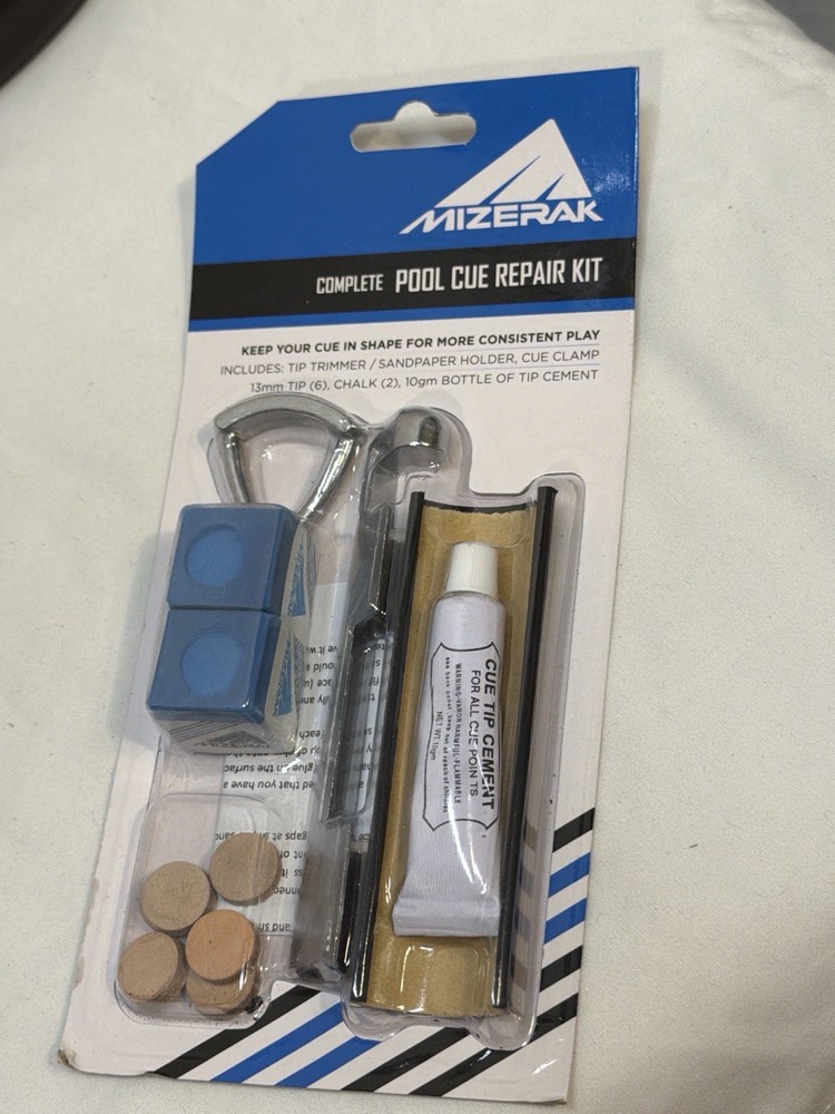 Mizerak Complete Pool Cue Repair Kit New Sealed w Tips Chalk Cement