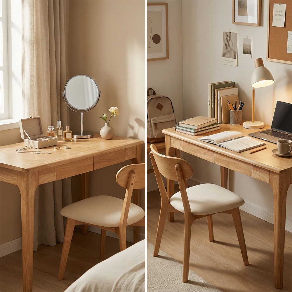 Modern Solid Wood Writing Desk with 2 Drawers, Compact Office Desk