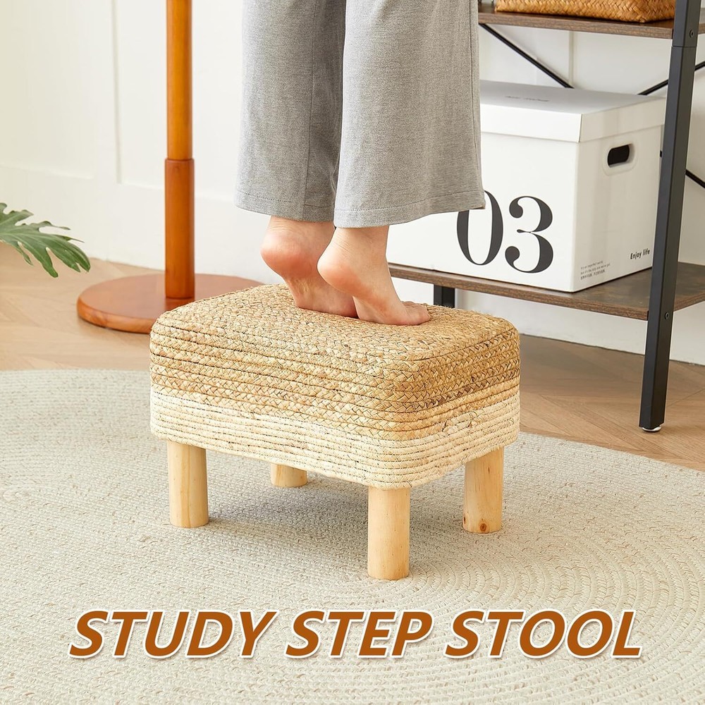 Rectangular Footstool Seagrass Footstool, Hand-Woven Dressing Stool, White