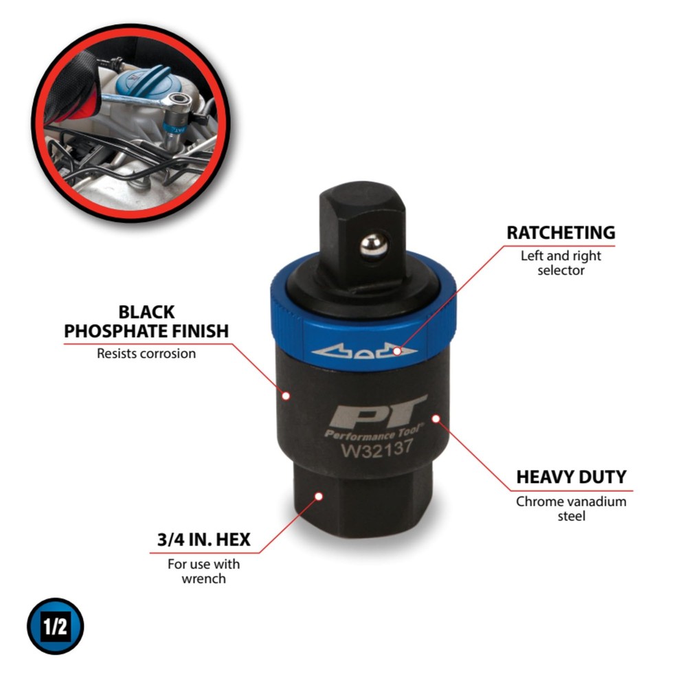 Performance Tool W32137 1/2" Ratcheting Adapter, Dr Adapter