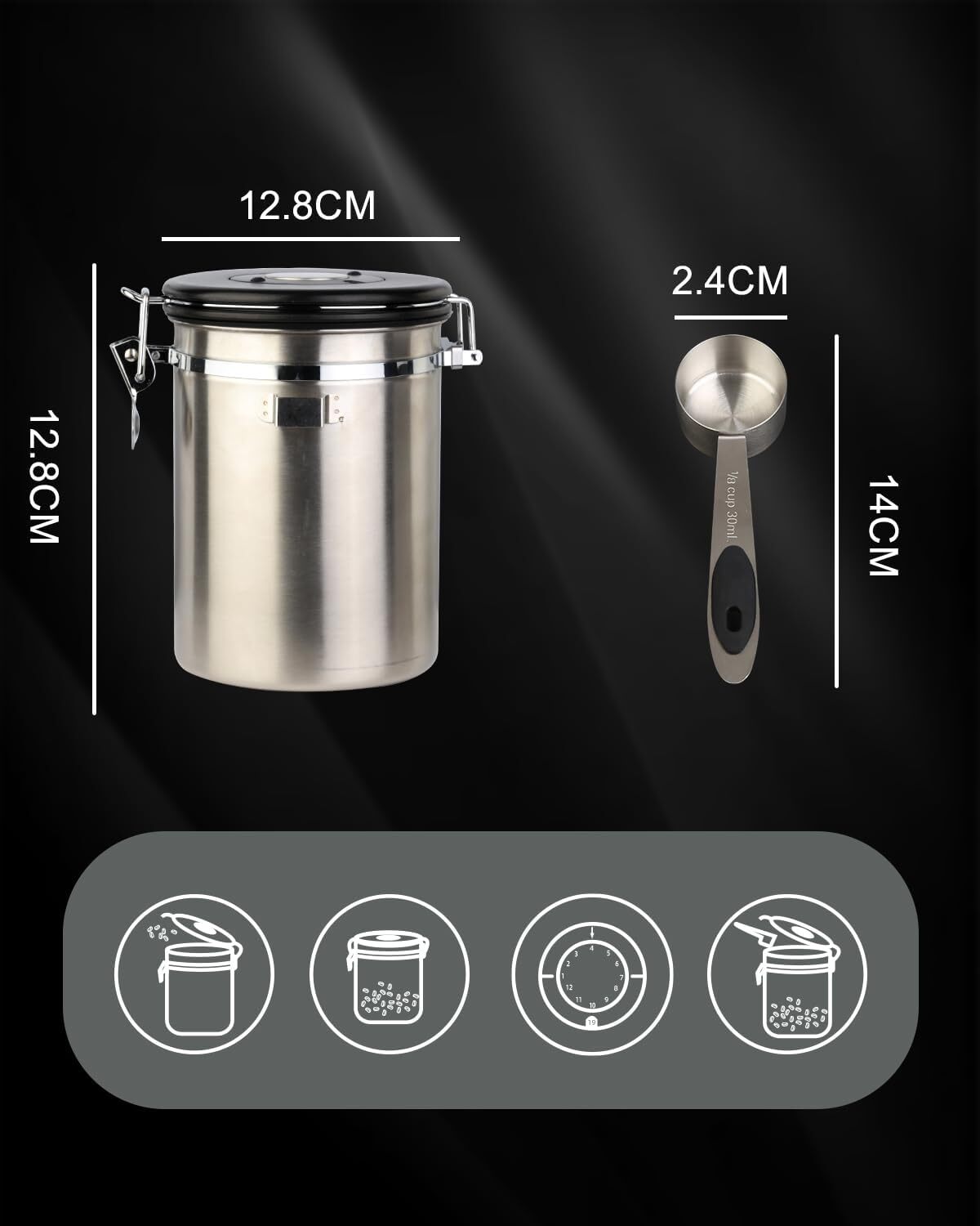 62oz Coffee Canister Stainless Steel Airtight Storage Container &Measuring Scoop