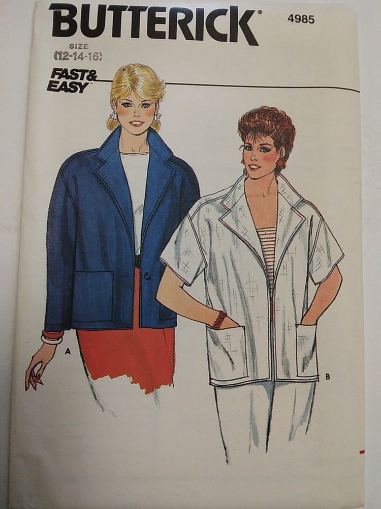 Jacket Boxy Pockets Collared 12 14 16 Butterick 4985 Sewing Pattern UC V Neck