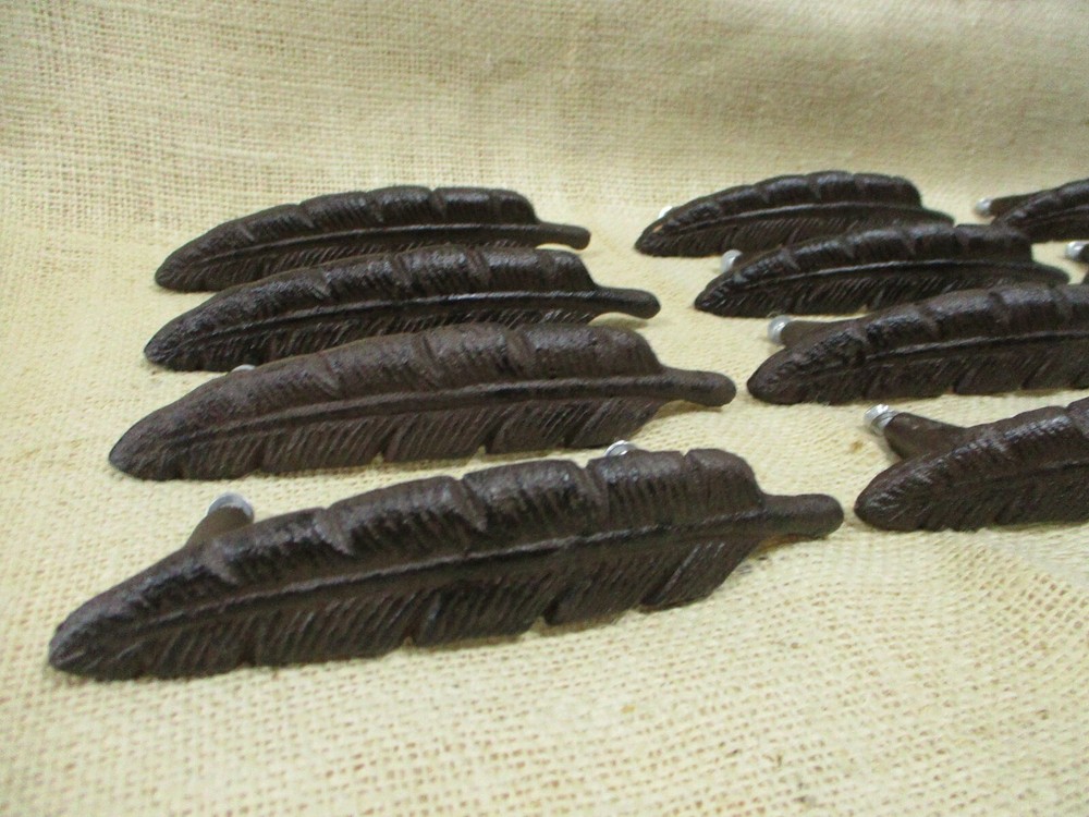12 Drawer Pulls W/ Screws Handles Knobs Rustic Feather Cast Iron Dresser Kitchen