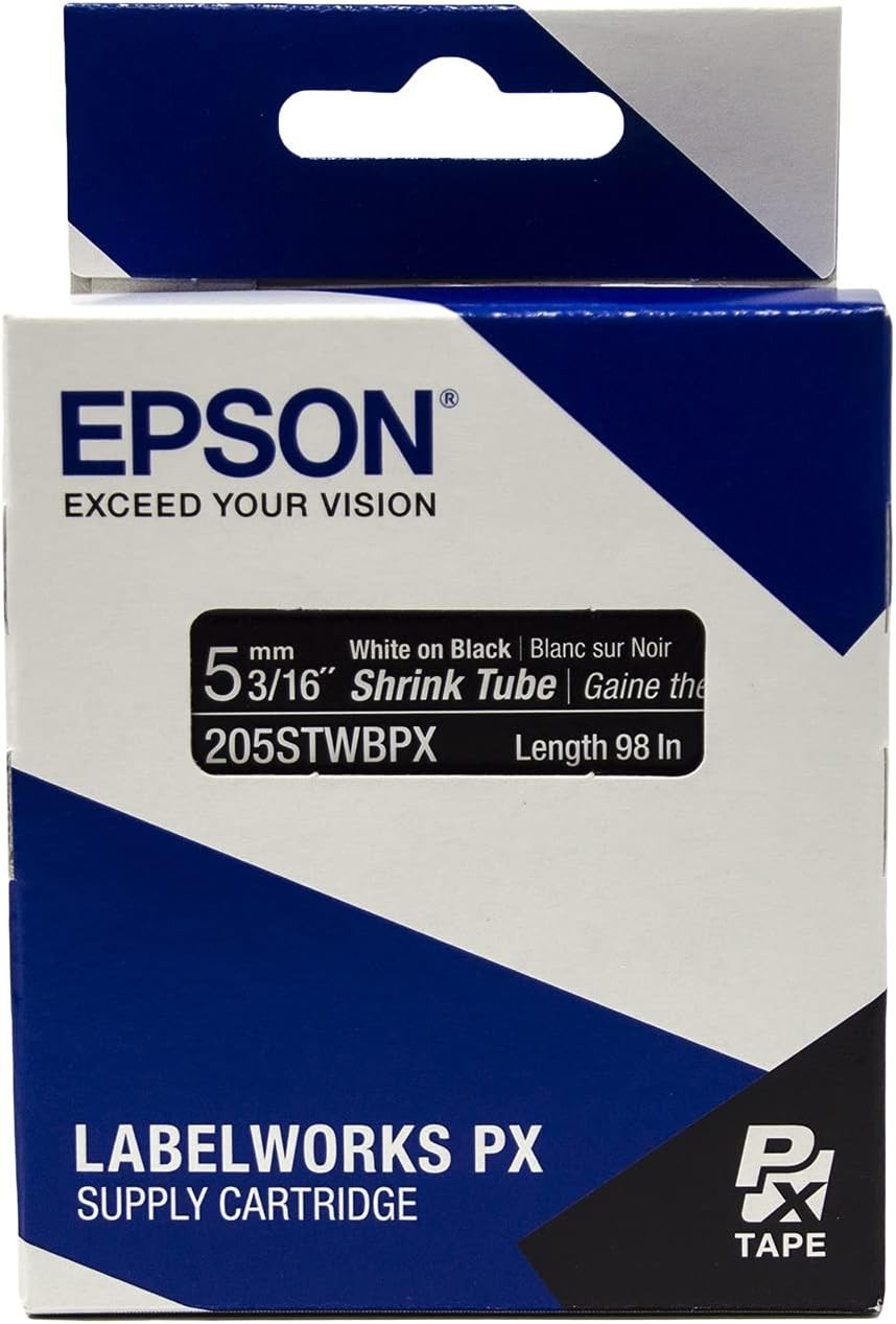 Epson LABELWORKS 205STWBPX White on Black Shrink Tube 3/16" (5mm) - 205STWBPX