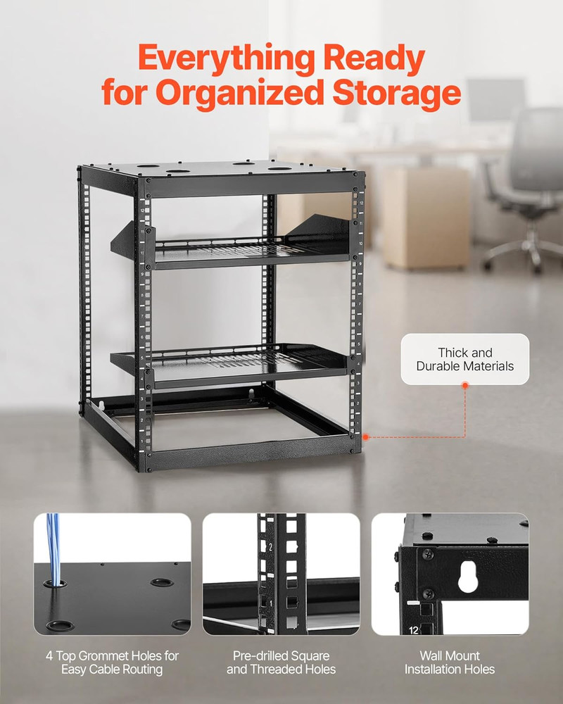 12U Server Rack, Open Frame Network Rack for IT & AV Gear, Floor Standing or Wal