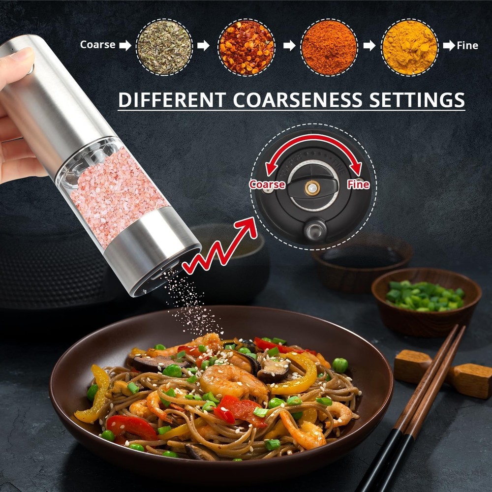 Salt & Pepper Grinder - Automatic Spice Mill Set with Adjustable Coarseness -...
