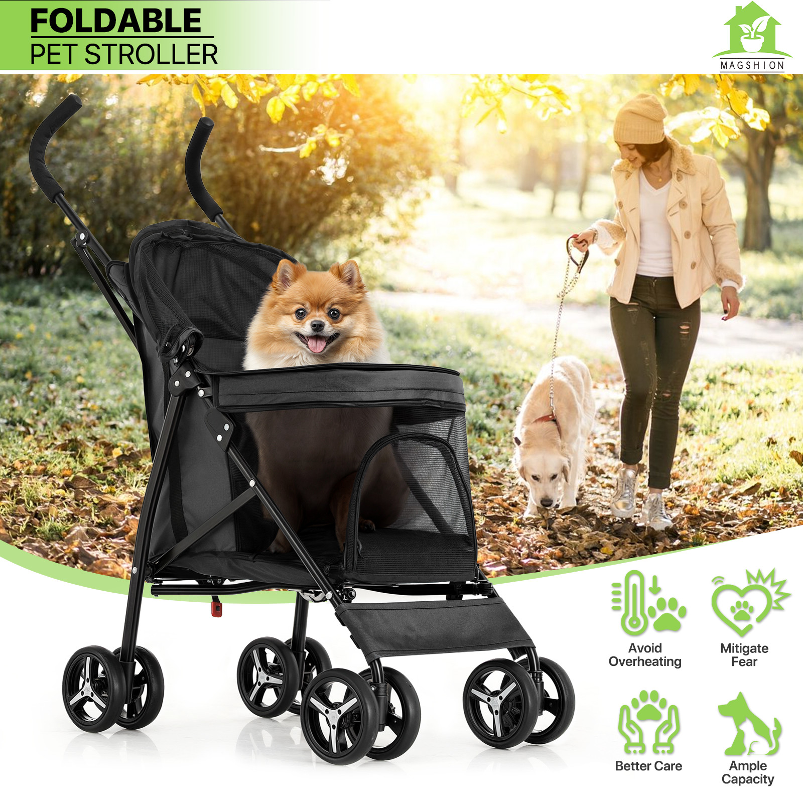 Folding 4-Wheels Dog Stroller Portable Adjustable Canopy Pet Travel Carrier Cart