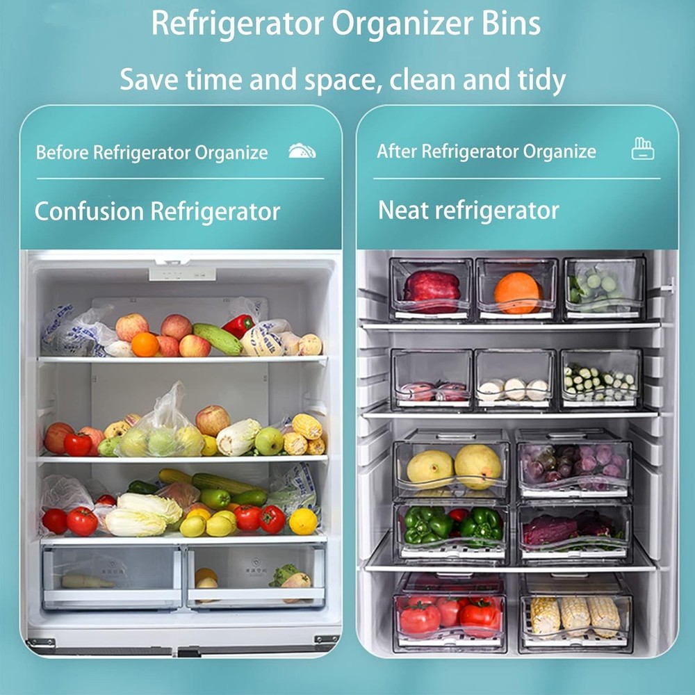 Transparent Food Storage Containers - Stackable Fridge Organizers with 2 Drawers