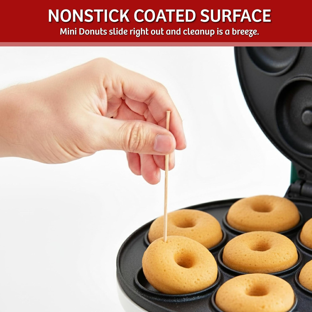 Mini Donut Maker, Durable, Nonstick Easy to Use Mini Baking Machine - Cooks 7 Mi
