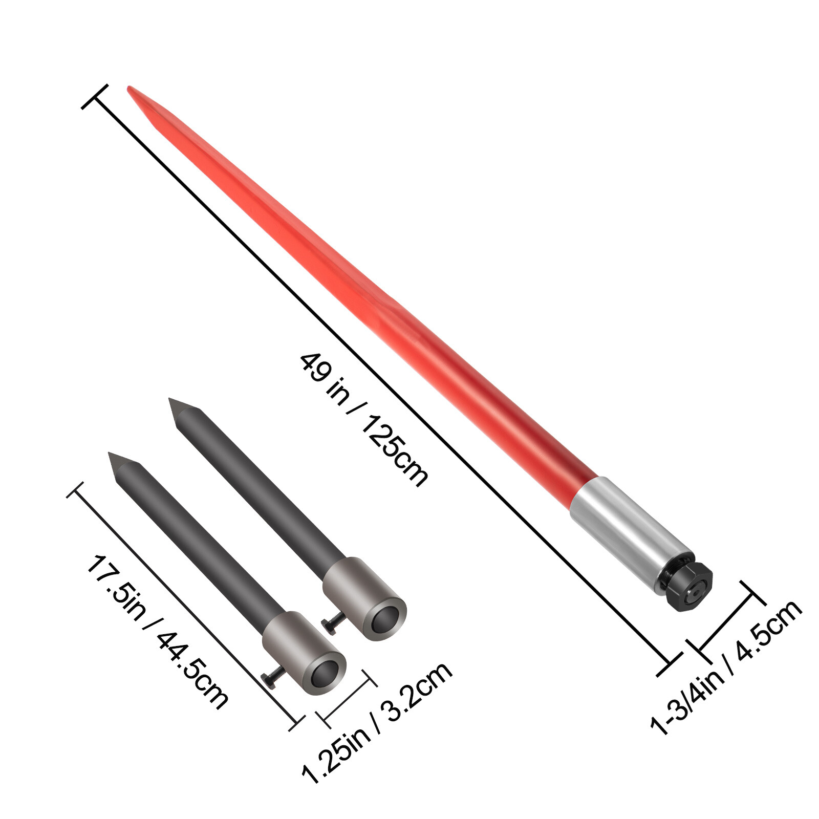 VEVOR Hay Bale Spear 49" 3000 lbs Spike Fork 45#Steel W/2 Stabilizers & Sleeves