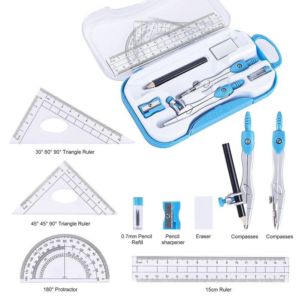 Math Geometry Kit Set 10 Pieces with Shatterproof Storage Box, Student Suppli...