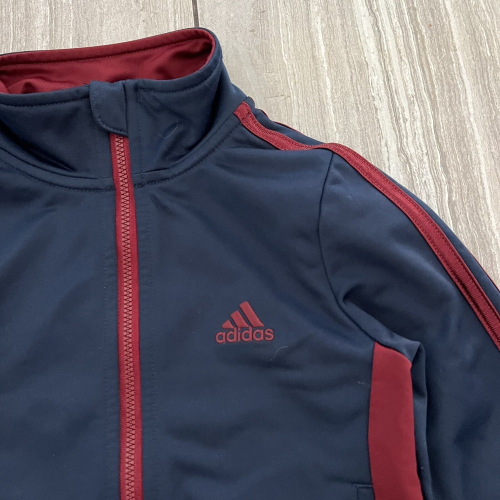 Adidas Boys Size 4 Zip Up Track Jacket Spring Fall Navy Blue Maroon EUC