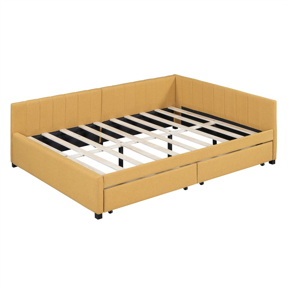 Full Size Daybed Upholstered Bed Frame Sofa Bed with 2 Storage Drawer Yellow