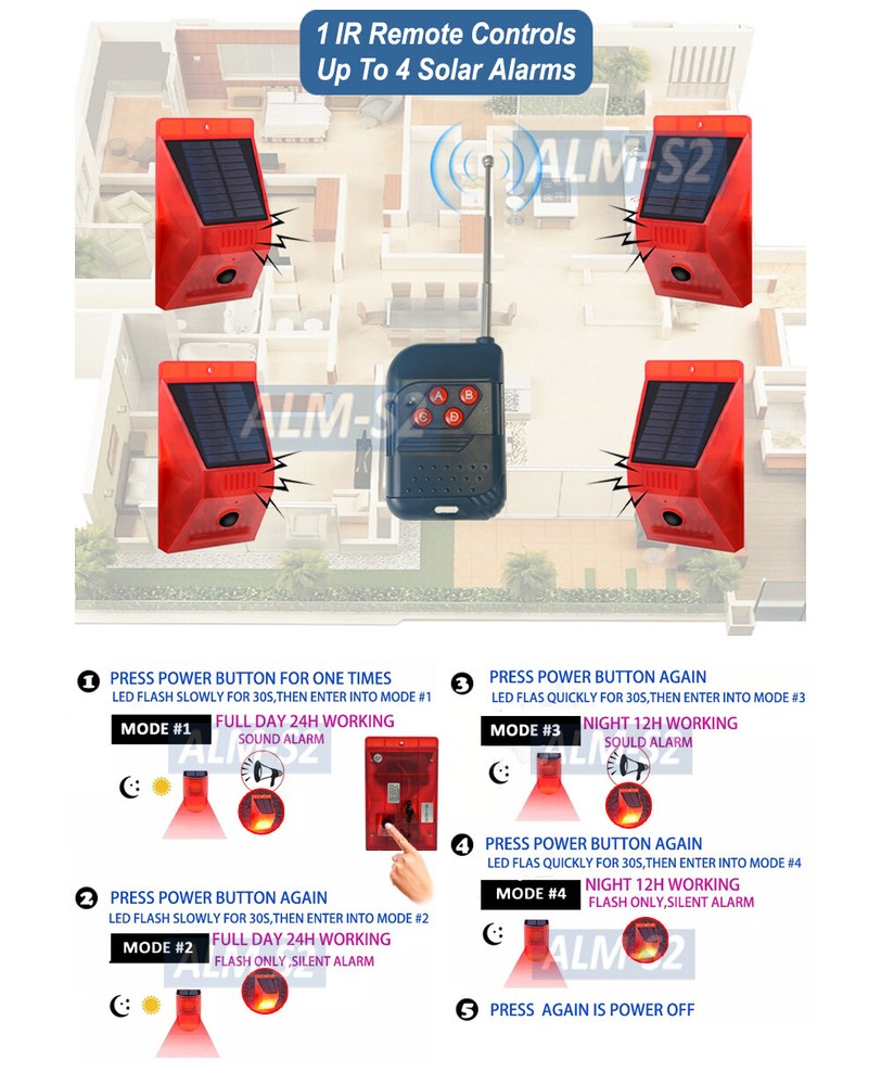 110dB Motion Sensor Alarm Solar Panel DC Powered Home Security IR Remote