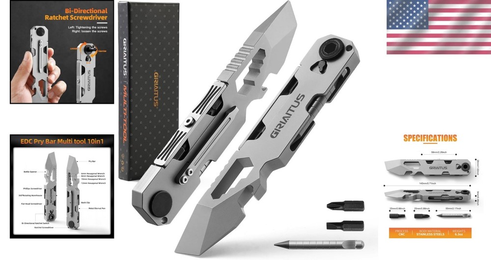 Versatile Multitool EDC Pry Bar with Bi-Directional Ratchet & Everlasting Pen