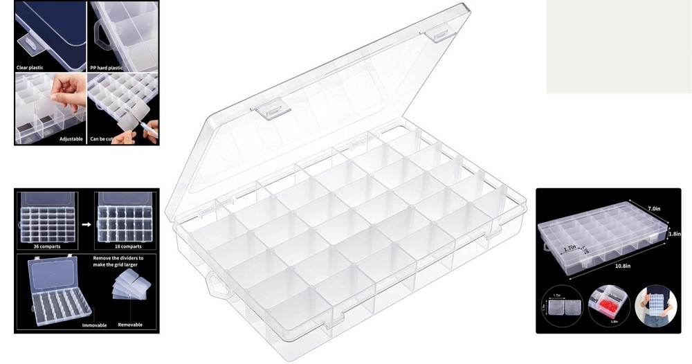 36-Grid Clear Plastic Organizer Box - Adjustable Compartment Storage Solution