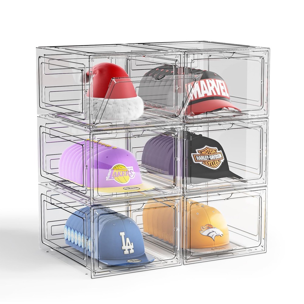 ZHAIXIAONIAN 6-Pack Hat Organizer Box Baseball Caps Storage Clear Stackable