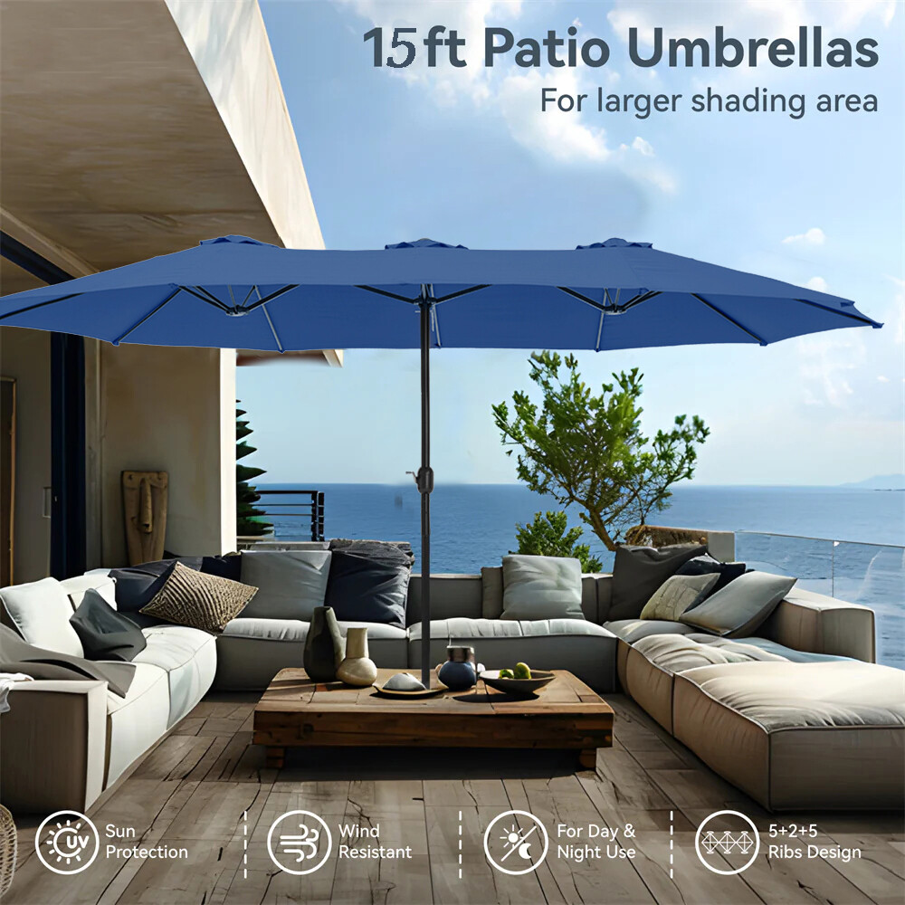 15ft Patio Large Umbrella Double-sided Market Crank Outdoor Garden Parasol Shade