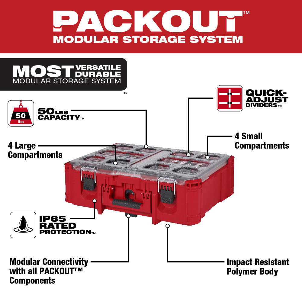 Milwaukee 48-22-8432 PACKOUT Deep Organizer with Quick-Adjust Dividers, 50lbs
