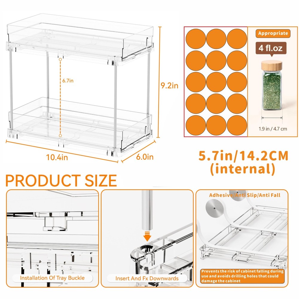 4 Pack 2 Tier Vertical Spice Rack Pull Out,10.4'' Deep Narrow Slide Out Spice...