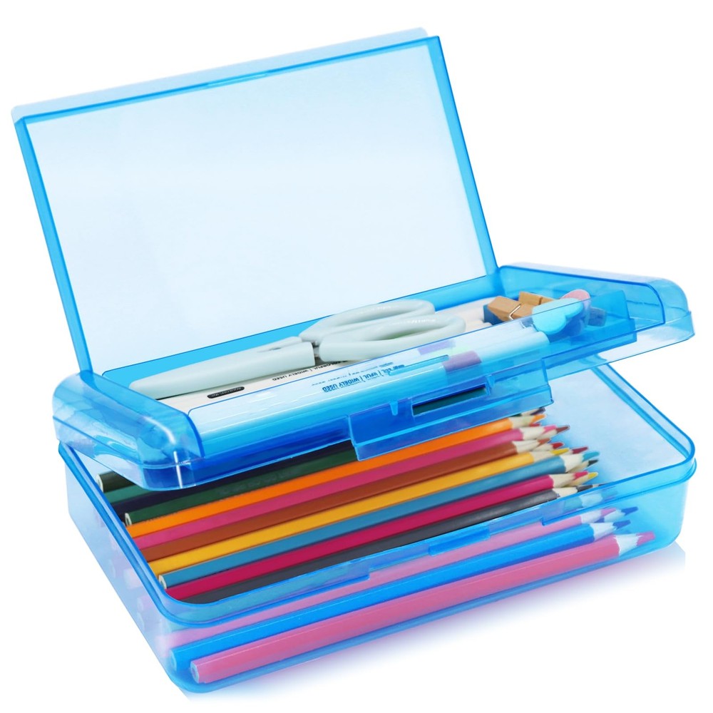 Double Layer Hard Plastic Translucent Pencil Box Blue