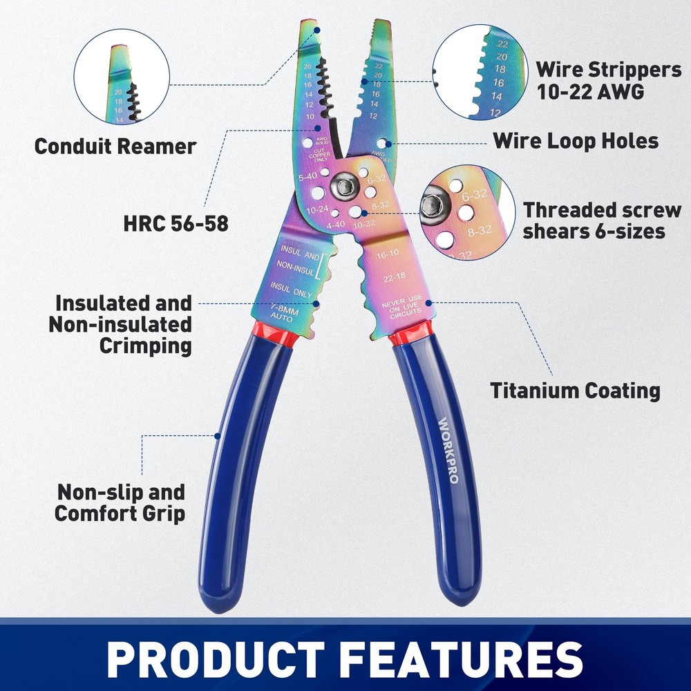 WORKPRO 8" Wire Stripper/Wire Crimping Tool, Stripper Titanium Coated