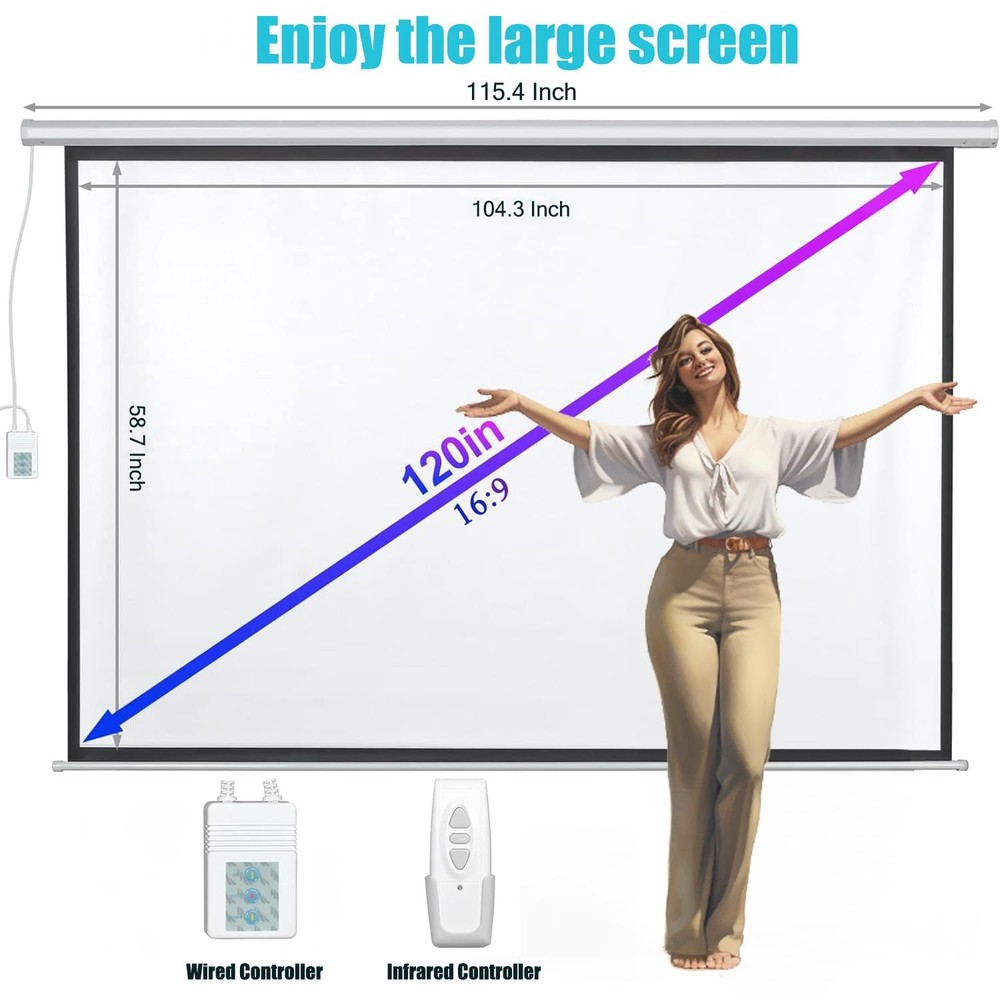 120" Motorized Projector Screen, Electric 16:9 Projector Screen with Remote C...