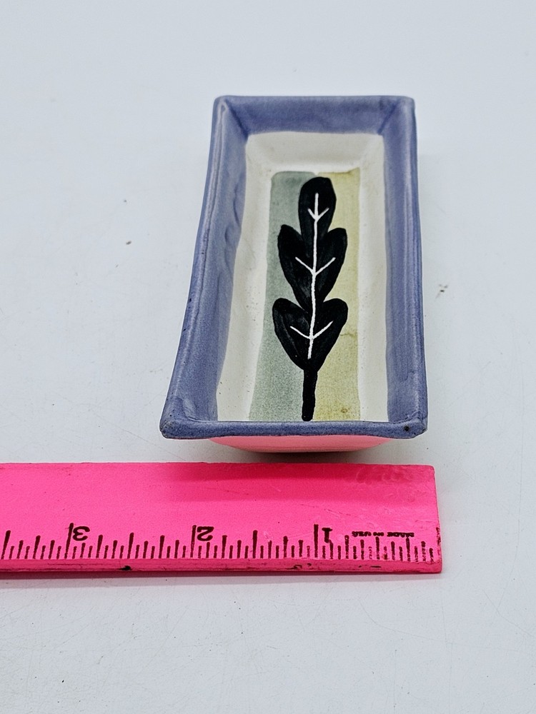 Pottery Dish Rectangular GS Stamp Muted 5.75 x 2.25" Trinket Hand Painted