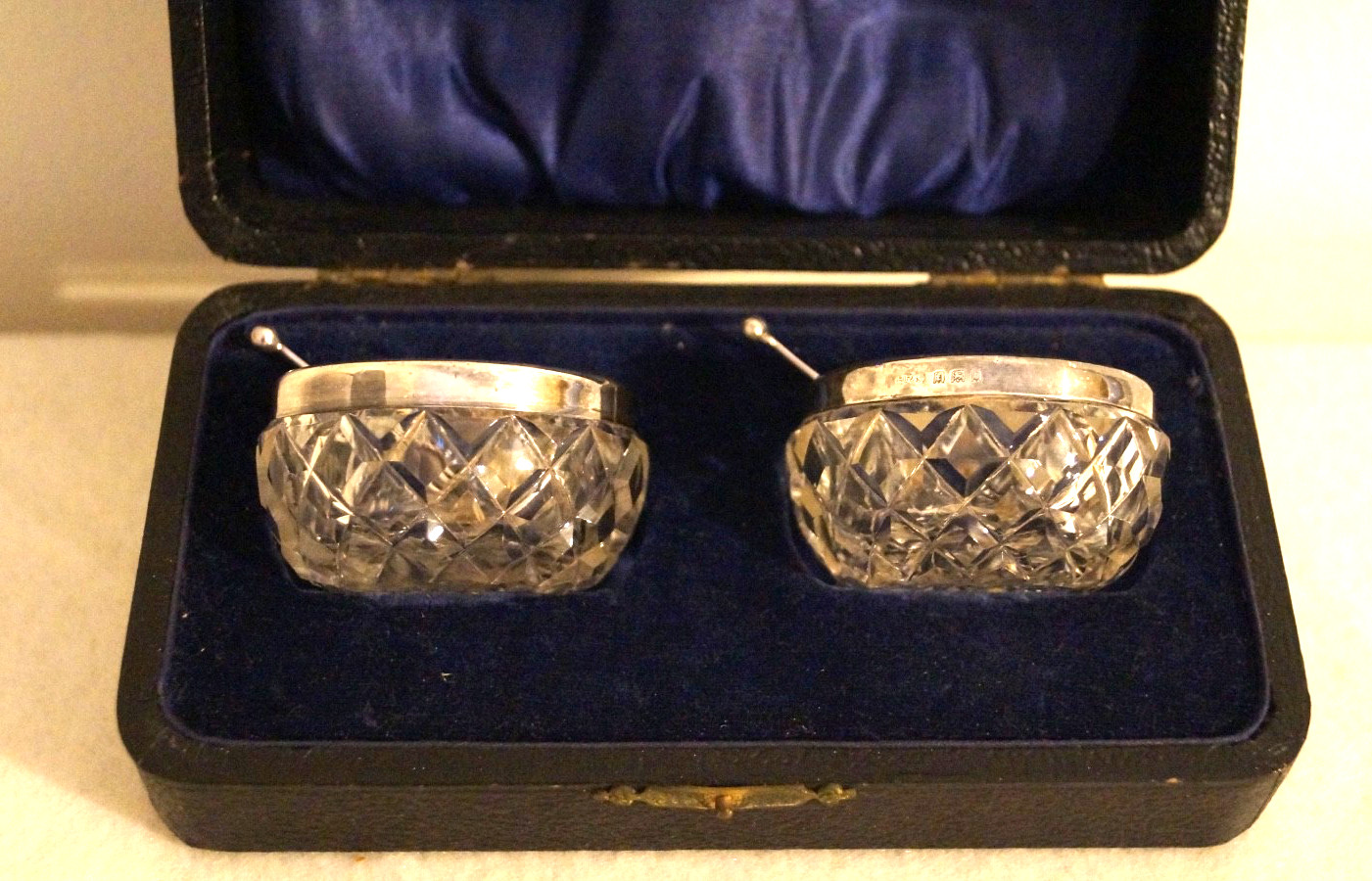 Antique pair of sterling silver and cut glass salts with spoons - Complete Set