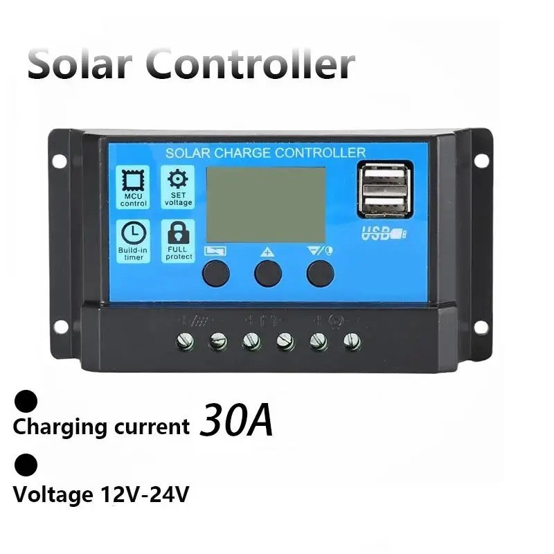 30A 12V/24V Solar Panel Battery Charge Controller LCD Auto Regulator Dual USB