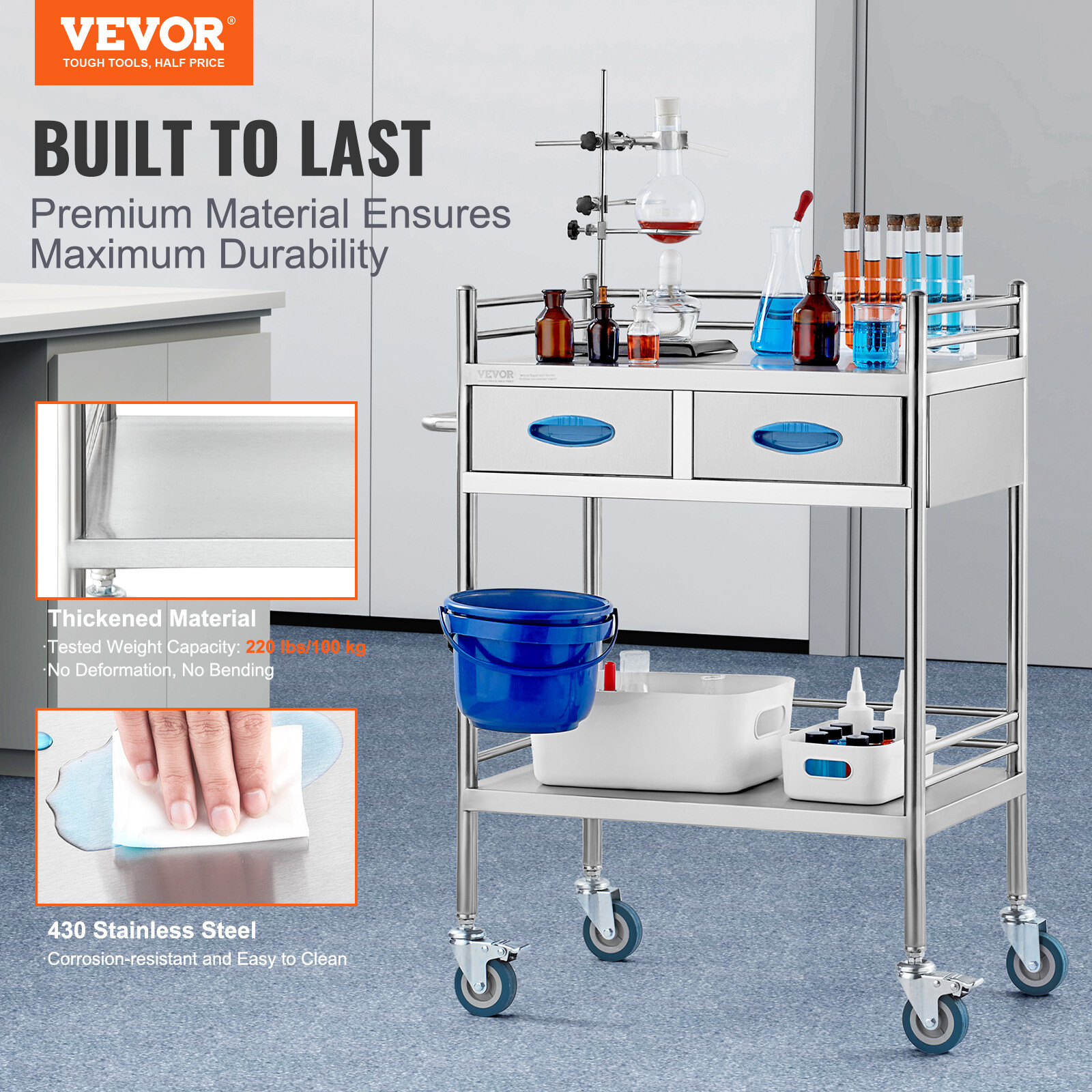 VEVOR Medical Dental Lab Serving Cart Trolley 2-Drawer Portable Stainless Steel