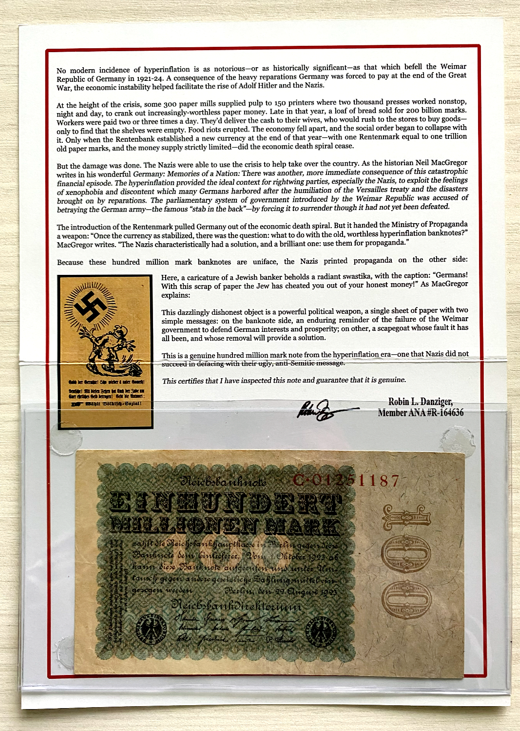 Germany HUNDRED Million Mark Propaganda Banknotes 1927 Election COA & History