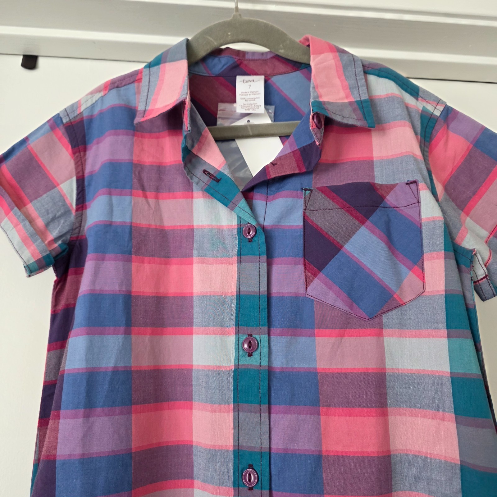 NEW Tea Collection Girl's Size 7 Dress 100% Cotton Plaid Pink Blue Button Front