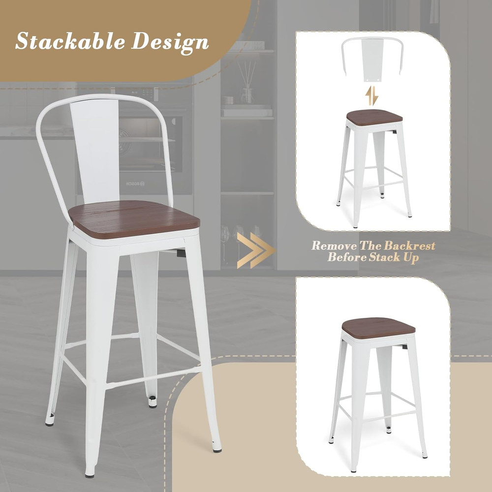 Set of 2 30.5'' High Back Bar Stools, Stackable Metal Frame, Farmhouse Style
