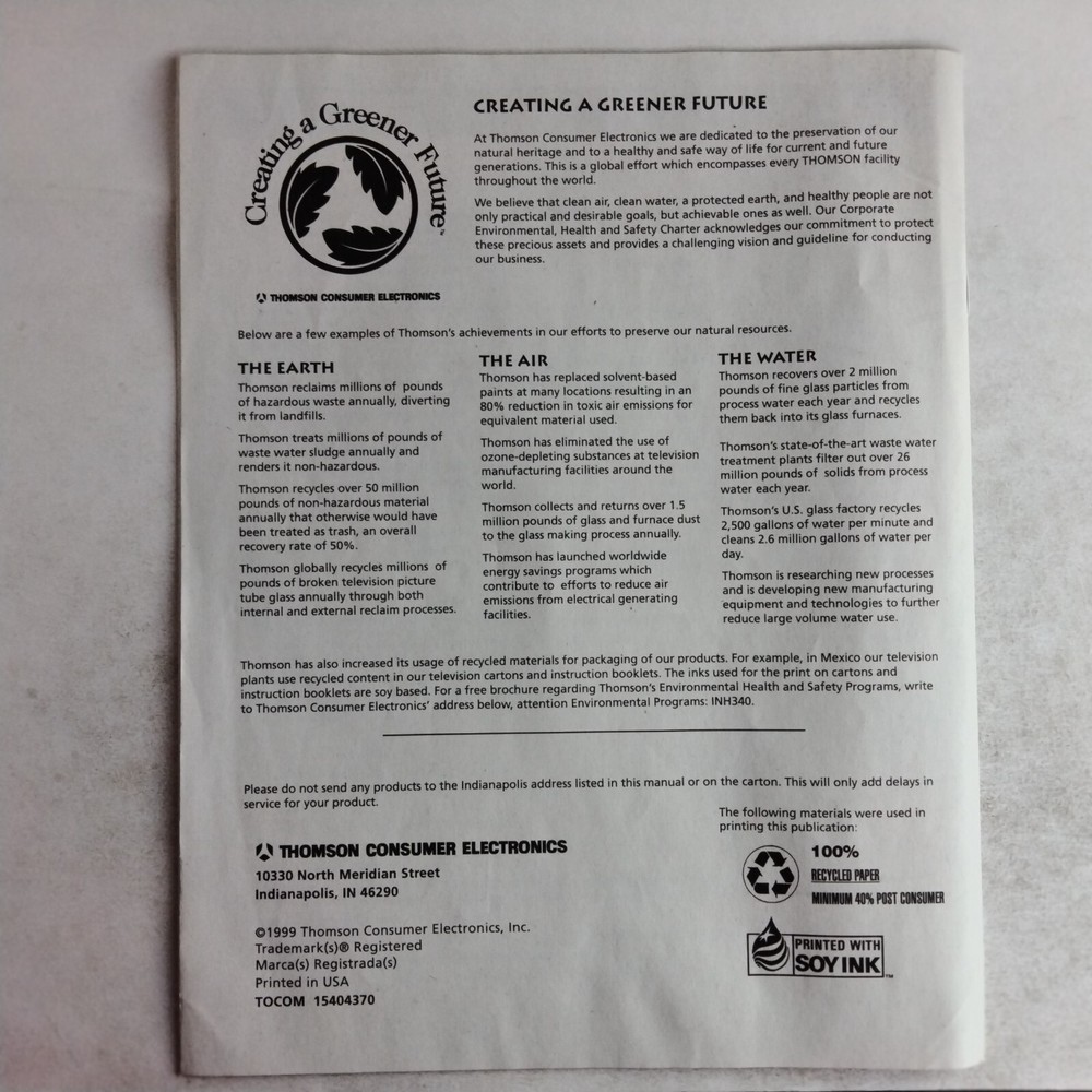 RCA Television Users Guide Vintage V Chip 1999 Thompson