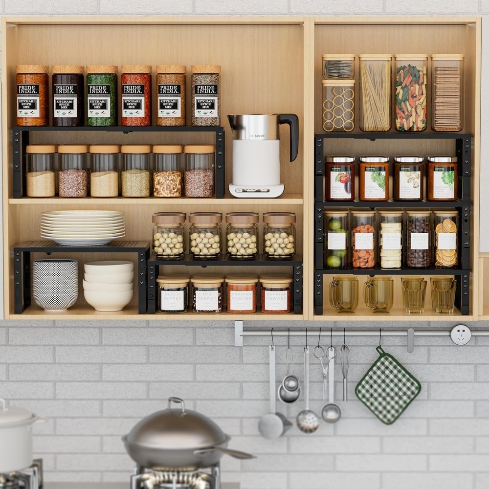 Expandable Spice Rack Kitchen Cabinet Shelf Organizer, Stackable Storage Shel...