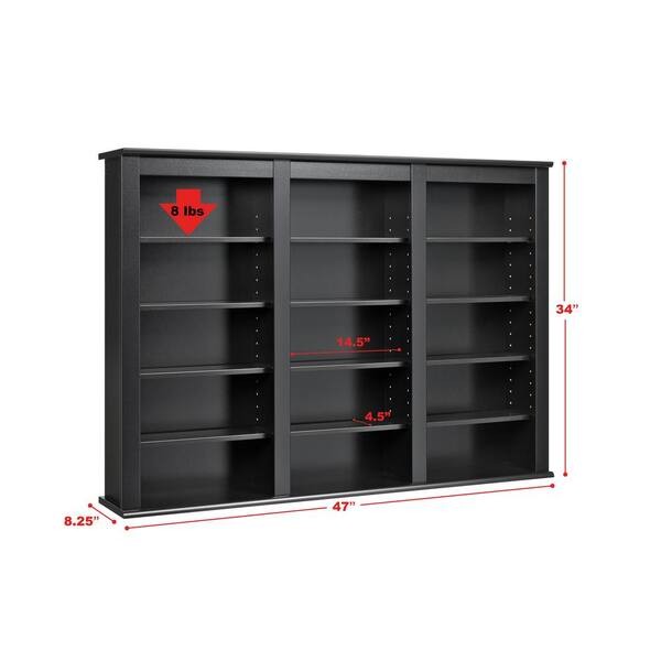 3-Column Display Black Cabinet CD DVD Storage with 12-Adjustable Shelves