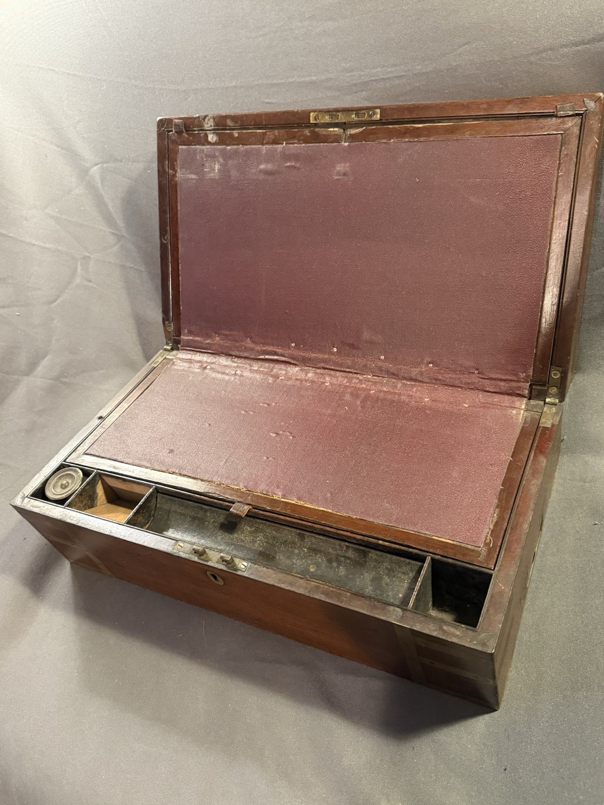 Early Antique Wood & Brass Bound Military Campaign Writing Desk