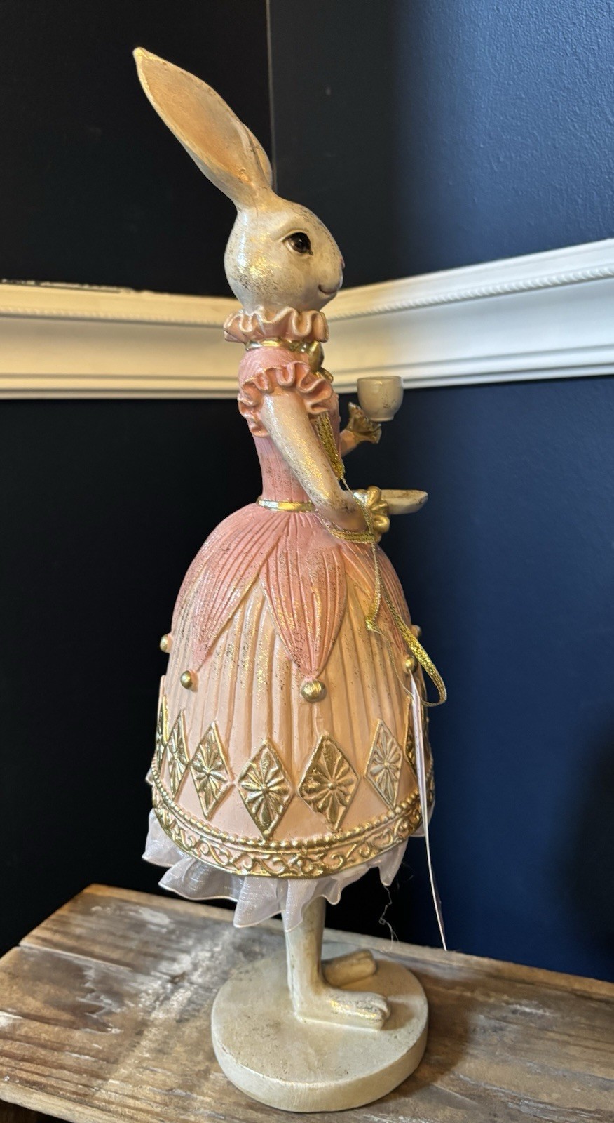 Jolie Fleur Easter Bunny Rabbit Figurine Pink Gold Dress Tea Party Decor NWT