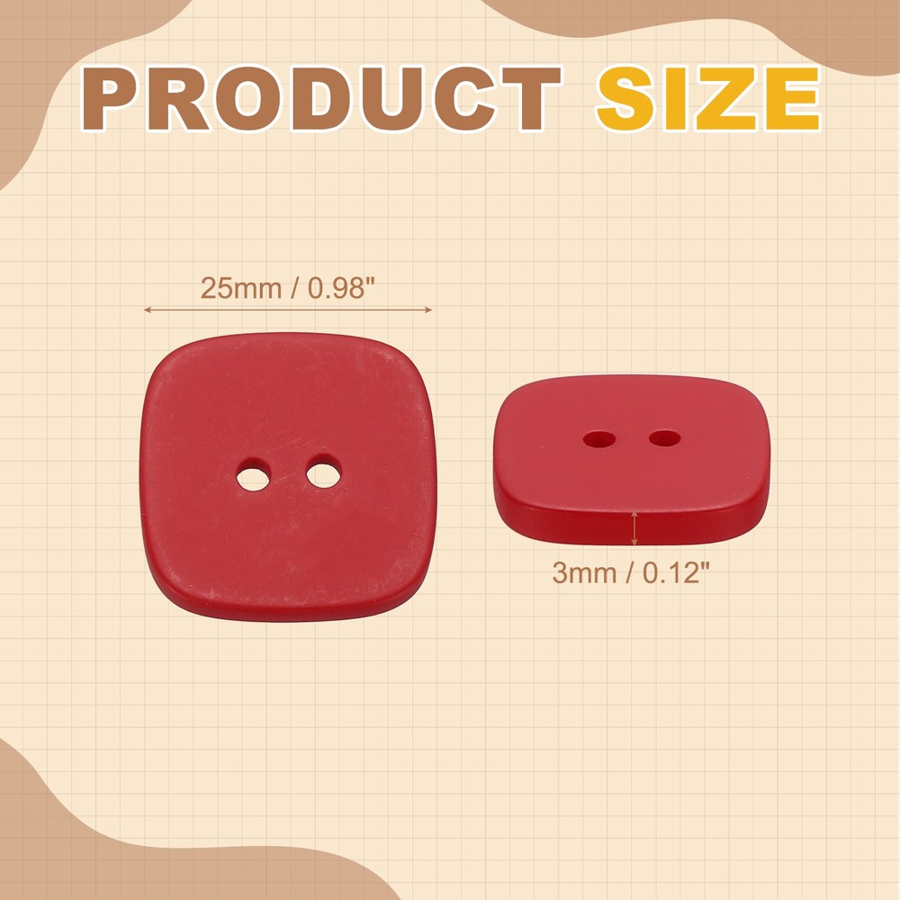 20pcs Sewing Button 25mm (1") 2 Holes Square Resin Button, Red