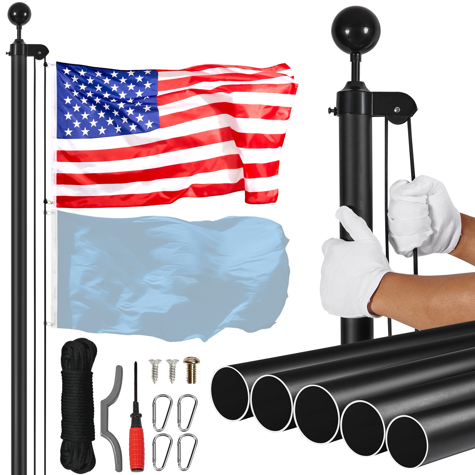 25FT Detachable Flagpole Kit Heavy Duty Aluminum Flag Pole American Black