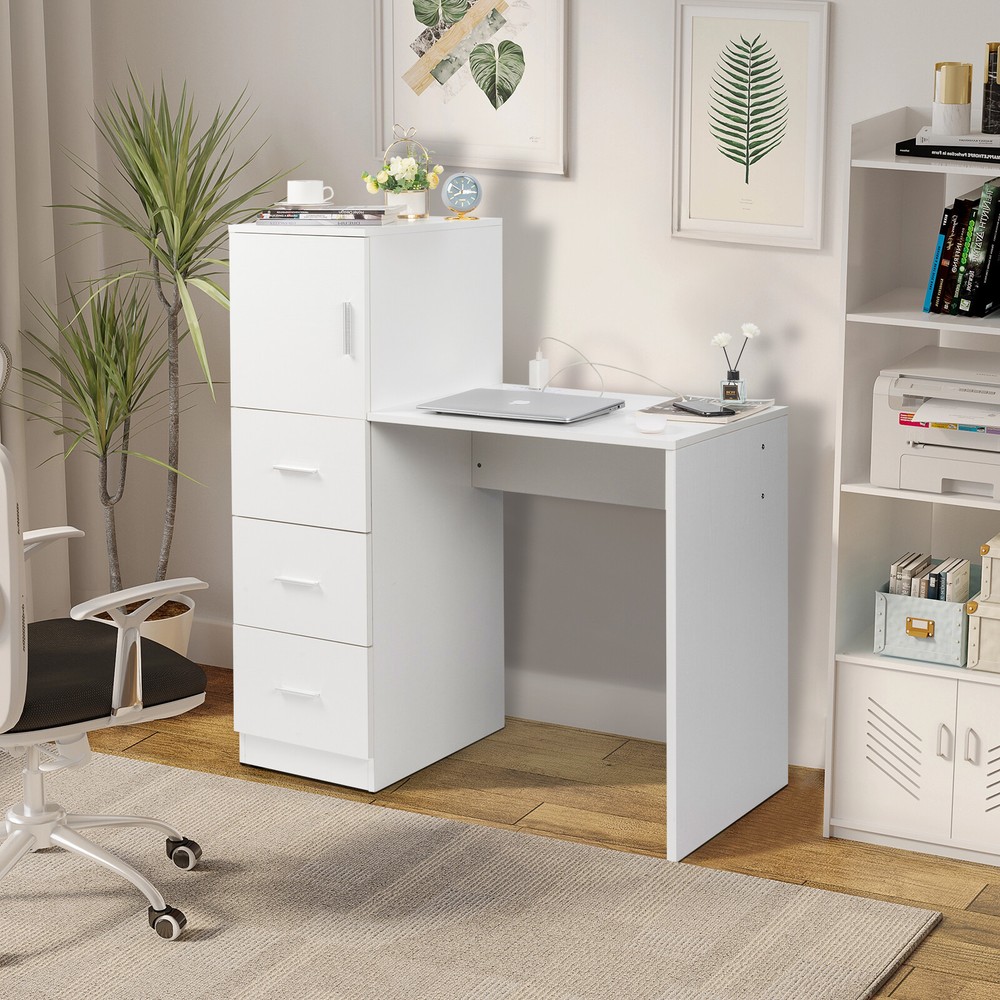 White embossed chipboard computer desk with 2 power sockets